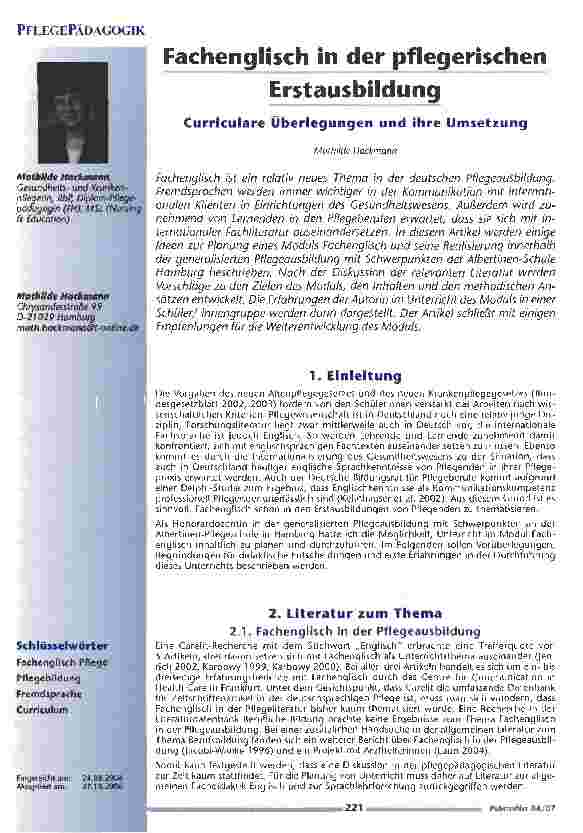Vorschauseite 1: Fachenglisch in der pflegerischen ErstausbildungCurriculare Überlegungen und ihre Umsetzung
