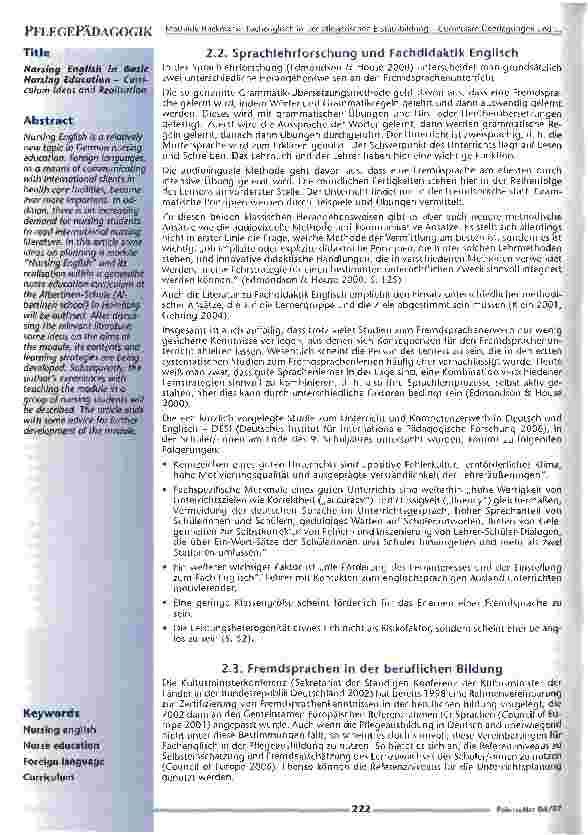 Vorschauseite 2: Fachenglisch in der pflegerischen ErstausbildungCurriculare Überlegungen und ihre Umsetzung