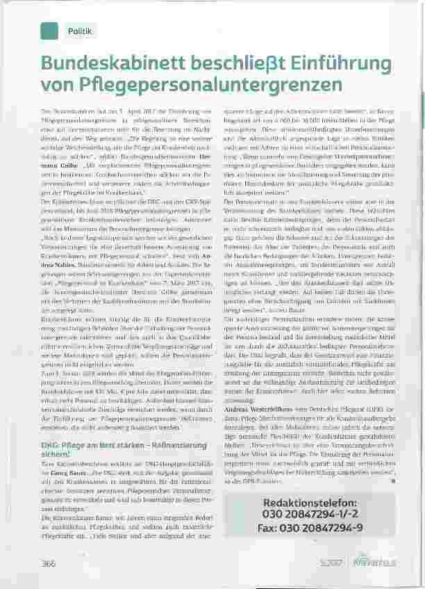 Vorschauseite 1: Bundeskabinett beschließt Einführung von Pflegepersonaiuntergrenzen