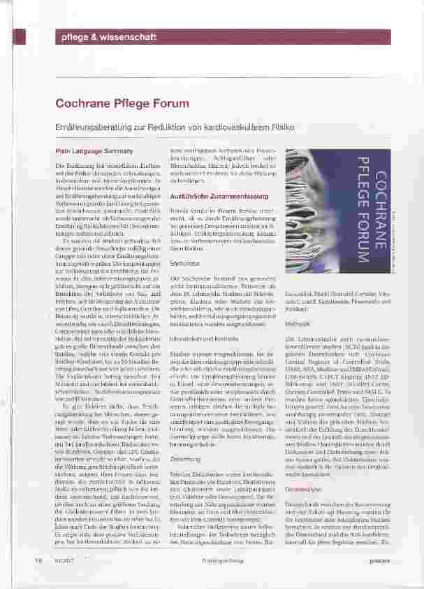 Vorschauseite 1: Cochrane Pflege Forum Ernährungsberatung zur Reduktion von kardiovaskulärenn Risiko