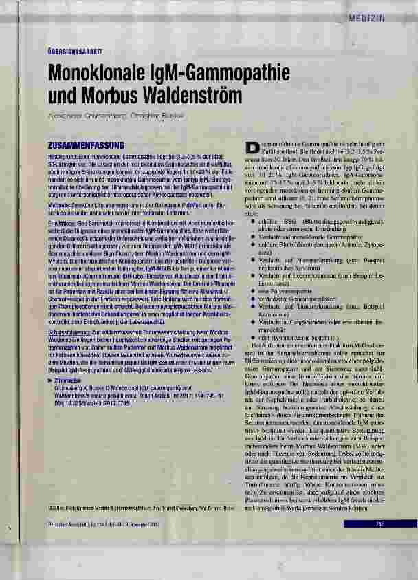 Vorschauseite 1: Monoklonale IgM-Gammopathle und Morbus Waldenstrom
