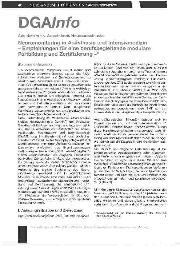 Vorschauseite 1: Neuromonitoring in Anästhesie und Intensivmedizin - Empfehlungen für eine berufsbegleitende modulare Fortbildung und Zertifizierung -*