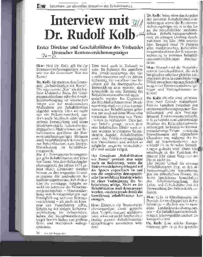 Vorschauseite 1: Interview mit Dr. Rudolf Kolb Erster Direktor u. Geschäftsführer des Verbandes Dt. Rentenversicher.