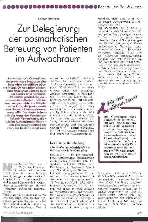 Vorschauseite 1: Zur Delegierung der postnarkotischen Betreuung von Patienten im Aufwachraum