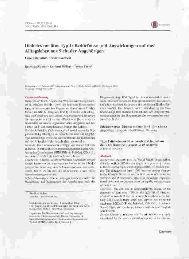 Vorschauseite 1: Diabetes mellitus TVp-I: Bedürfnisse und Auswirkungen auf das Alltagsleben aus Sicht der Angehörigen