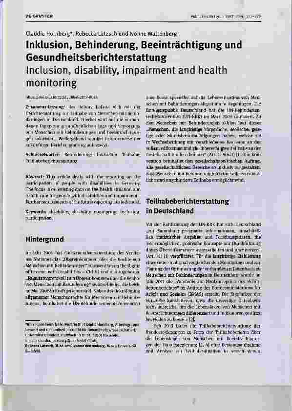 Vorschauseite 1: Inklusion, Behinderung, Beeinträchtigung und Gesundheitsberichterstattung