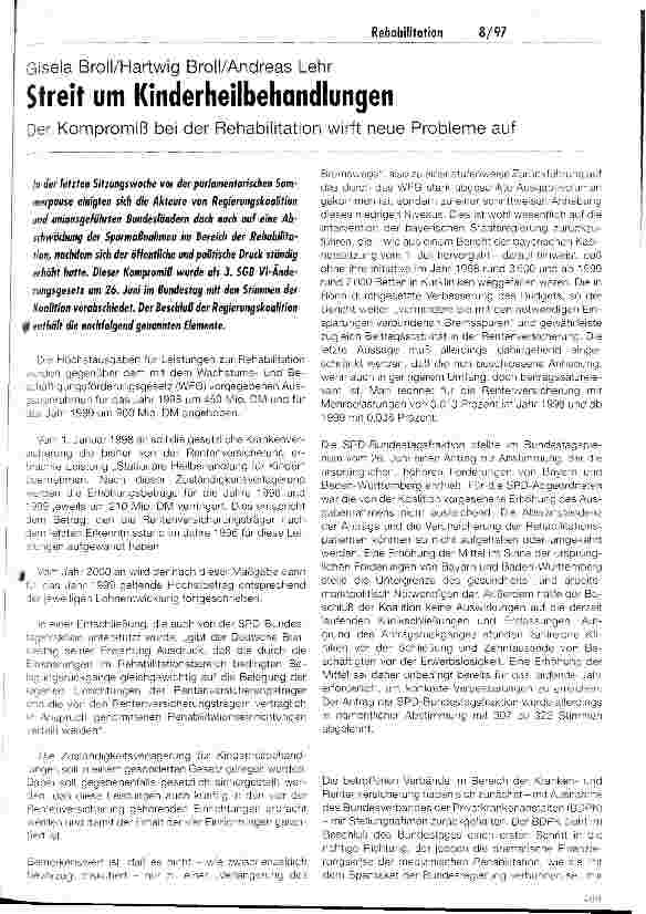 Vorschauseite 1: Streit um Kinderheilbehandlungen Der Kompromiß bei der Rehabilitation wirft neue Probleme auf