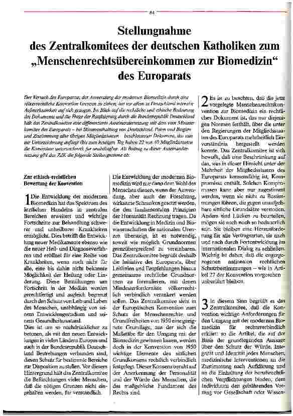Vorschauseite 1: Stellungnahme des Zentralkommitees der deutschen Katholiken zum Menschenrechtsübereinkommen zur Biomedizin des Europarats