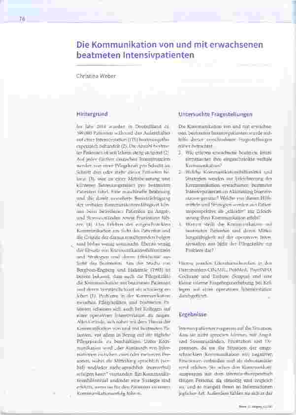 Vorschauseite 1: Die Kommunikation von und mit erwachsenen beatmeten Intensivpatienten