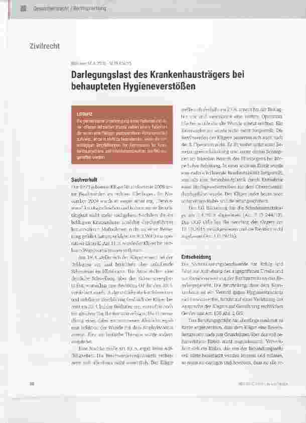 Vorschauseite 1: Darlegungslast des Krankenhausträgers bei behaupteten Hygieneverstößen