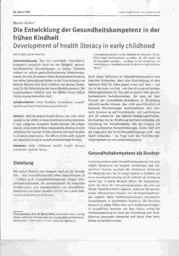 Vorschauseite 1: Die Entwicklung der Gesundheitskompetenz in der frühen KindheitDevelopment of health literacy in early childhood
