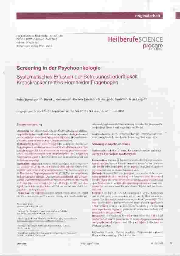 Vorschauseite 1: Systematisches Erfassen der Betreuungsbedürftigkeit Krebskranker mittels Hornheider Fragebogen