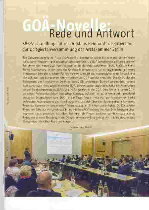 Vorschauseite 1: BÄK-Verhandlungsführer Dr. Klaus Reinhardt diskutiert mit der Delegiertenversammlung der Ärztekammer Berlin