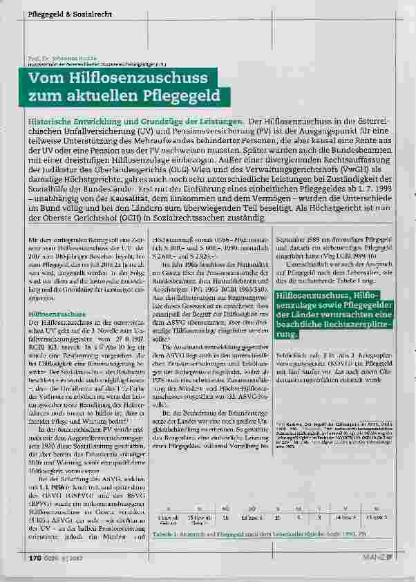 Vorschauseite 1: Vom Hilflosenzuschuss zum aktuellen Pflegegeld