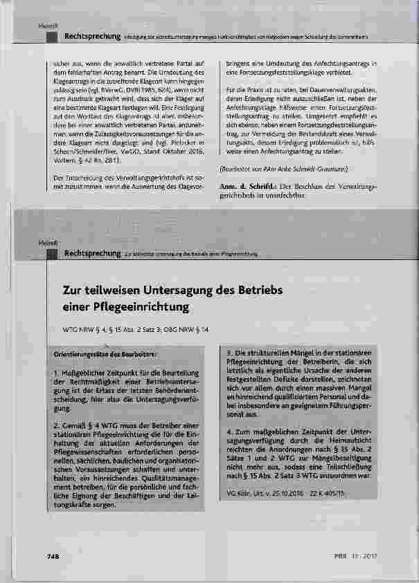 Vorschauseite 1: Zur teilweisen Untersagung des Betriebs einer Pflegeeinrichtung