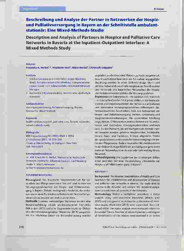 Vorschauseite 1: Beschreibung und Analyse der Partner in Netzwerken der Hospizund Palliativversorgung in Bayern an der Schnittstelle ambulantstationär: Eine Mixed-Methods-Studie