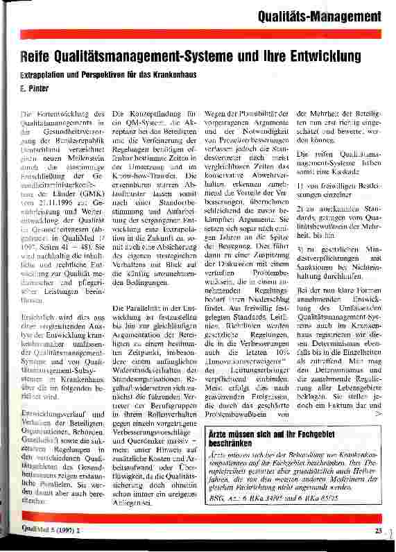 Vorschauseite 1: Reife Qualitätsmanagement-Systeme und ihre Entwicklung Extrapolation und Perspektiven für das Krankenhaus
