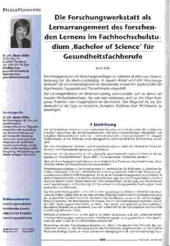 Vorschauseite 1: Die Forschungswerkstatt als Lernarrangement des forschenden Lernens im Fachhochschulstudium ,Bachelor of Science, für Gesundheitsfachberufe