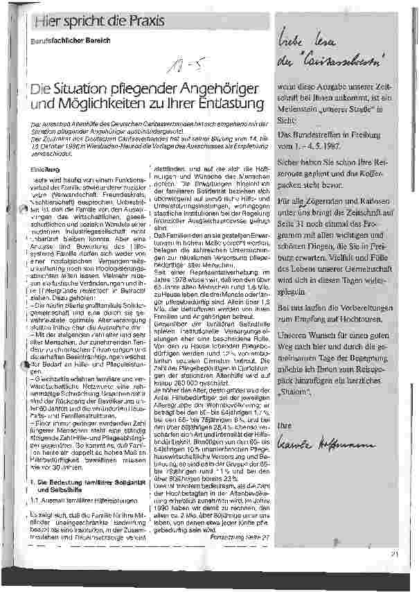 Vorschauseite 1: Die Situation pflegender Angehöriger und Möglichkeiten zu ihrer Entlastung