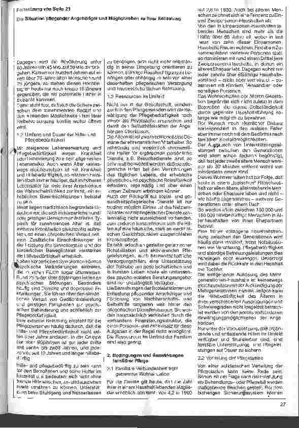 Vorschauseite 2: Die Situation pflegender Angehöriger und Möglichkeiten zu ihrer Entlastung