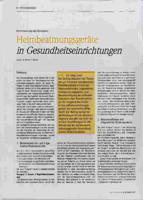 Vorschauseite 1: Heimbeatmungsgeräte in Gesundheitseinrichtungen