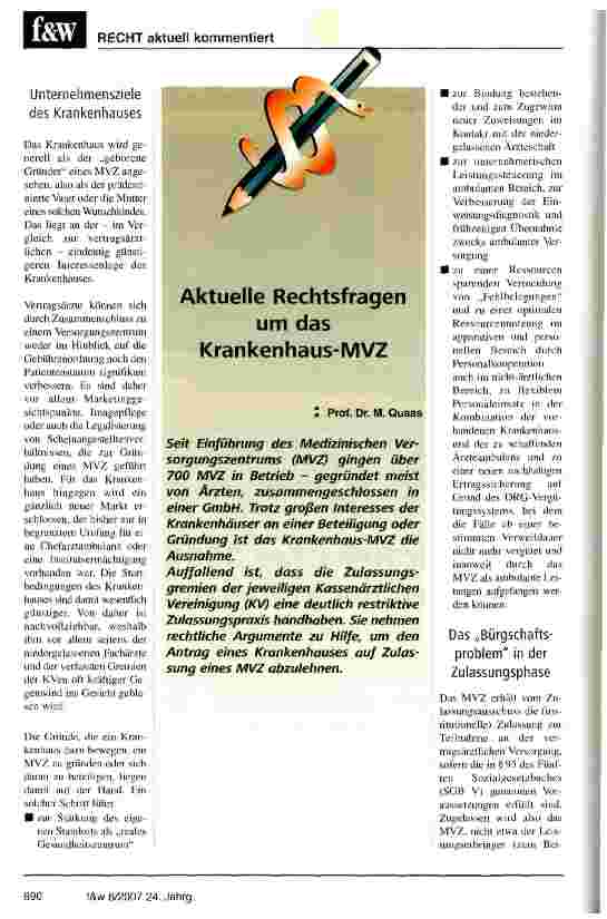 Vorschauseite 1: Aktuelle Rechtsfragen um das Krankenhaus-MVZ