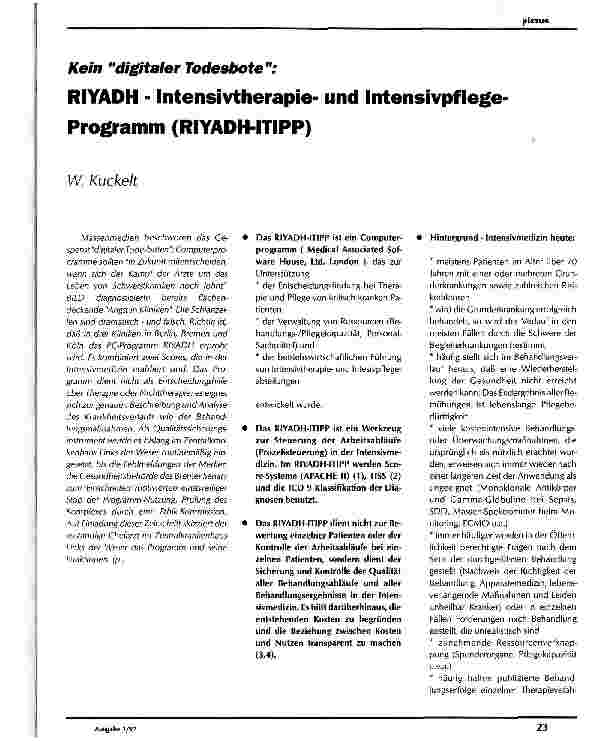 Vorschauseite 1: Kein digitaler Todesbote: RIYADH - Intensivtherapie und Intensivpflege-Programm (RIYADH-ITIPP)