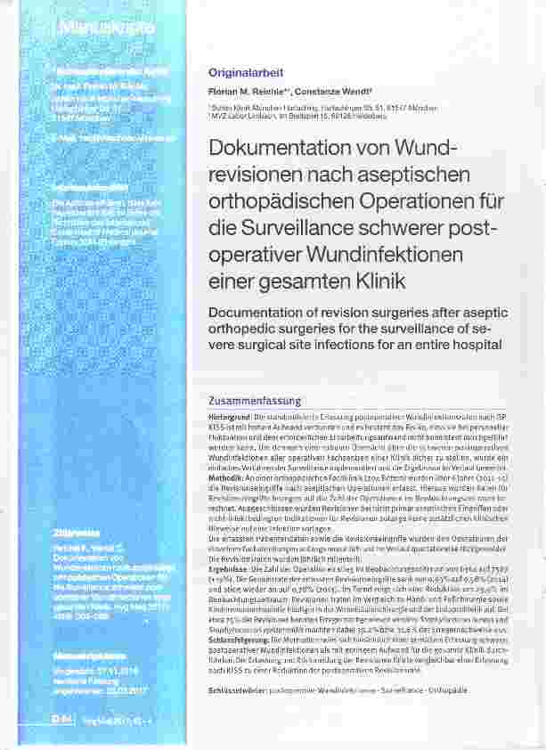Vorschauseite 1: Dokumentation von Wundrevisionen nach aseptischen orthopädischen Operationen für die Surveillance schwerer postoperativer Wundinfektionen einer gesamten Klinik