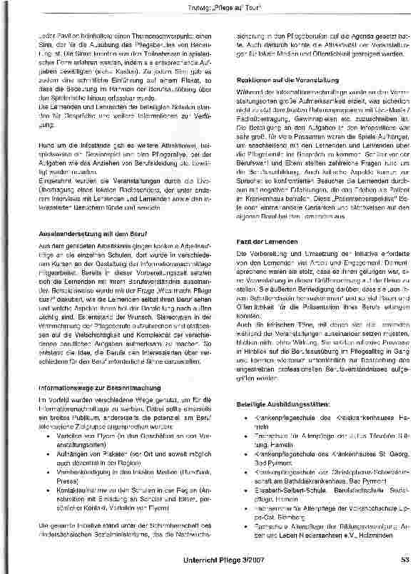 Vorschauseite 2: „Pflege auf Tour - ein Beispiel für die Öffentlichkeitsarbeit von Ausbildungsstätten