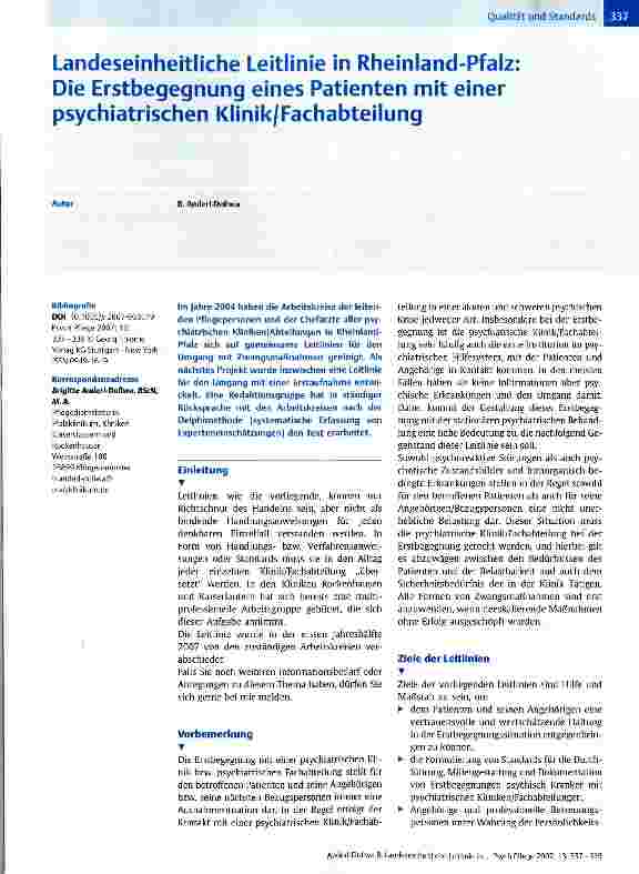 Vorschauseite 1: Landeseinheitliche Leitlinie in Rheinland-Pfalz: Die Erstbegegnung eines Patienten mit einer psychiatrischen Klinik/Fachabteilung