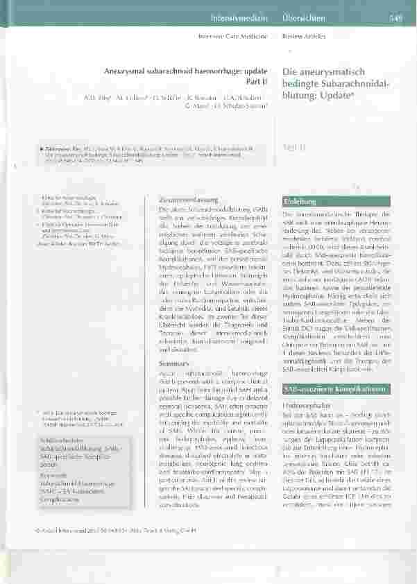Vorschauseite 1: Teil II Die aneurysmatisch bedingte Subarachnoidalblutung: Update*