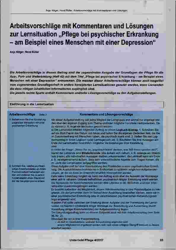 Vorschauseite 1: Arbeitsvorschläge mit Kommentaren und Lösungen zur Lernsituation „Pflege bei psychischer Erkrankung am Beispiel eines Menschen mit einer Depression“