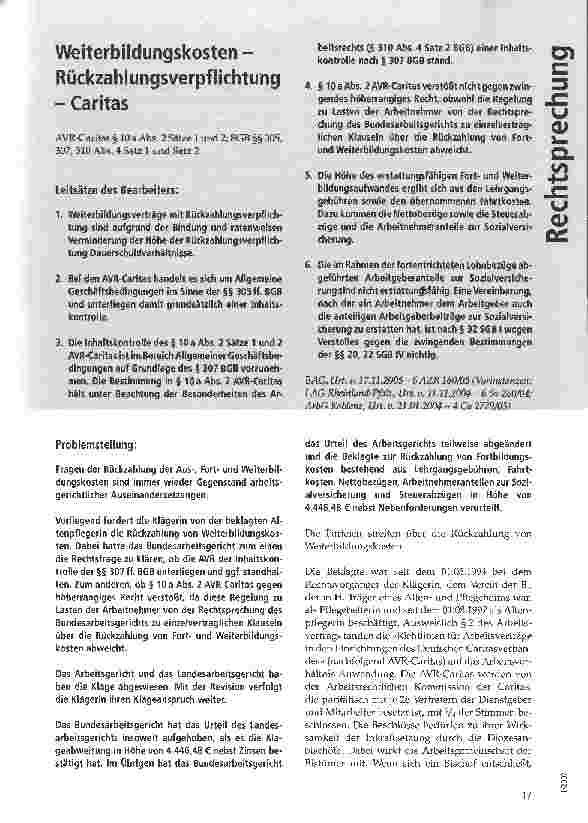 Vorschauseite 1: Weiterbildungskosten -Rückzahlungsverpflichtung - Caritas