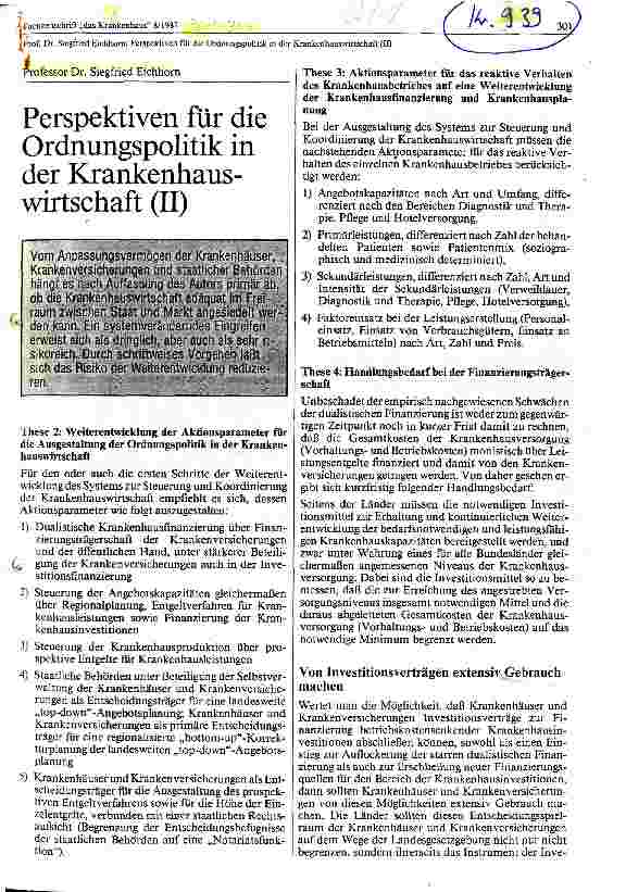Vorschauseite 1: Perspektiven für die Ordnungspolitik in der Krankenhauswirtschaft (II)