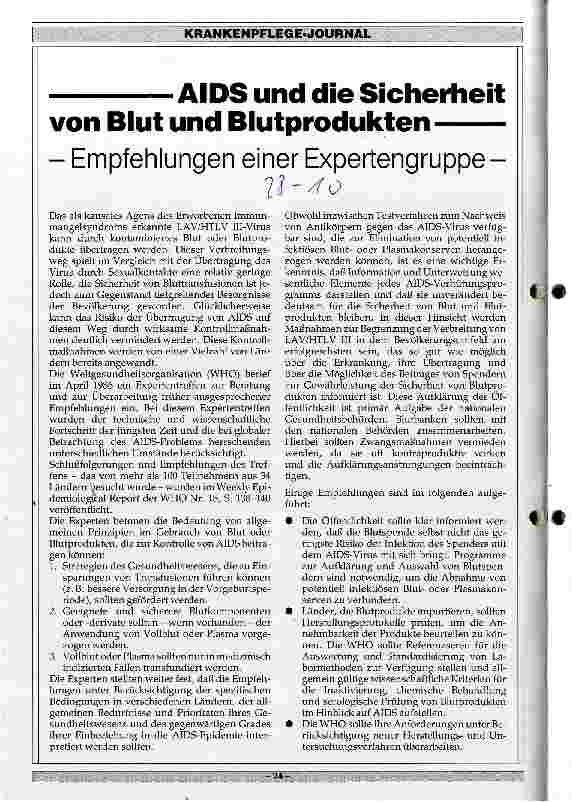 Vorschauseite 1: Empfehlung einer Expertengruppe: AIDS und die Sicherheit von Blut und Blutprodukten