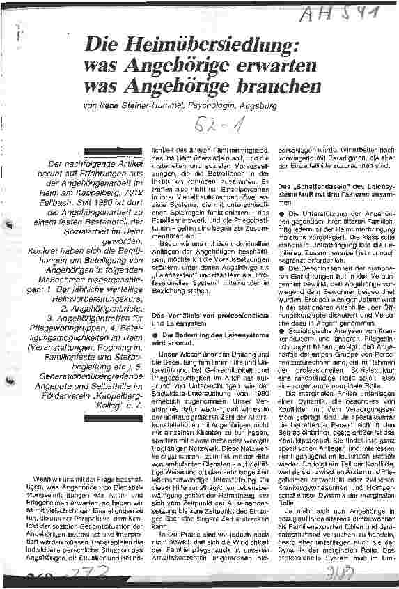 Vorschauseite 1: Die Heimübersiedlung: was Angehörige erwarten, was Angehörige brauchen