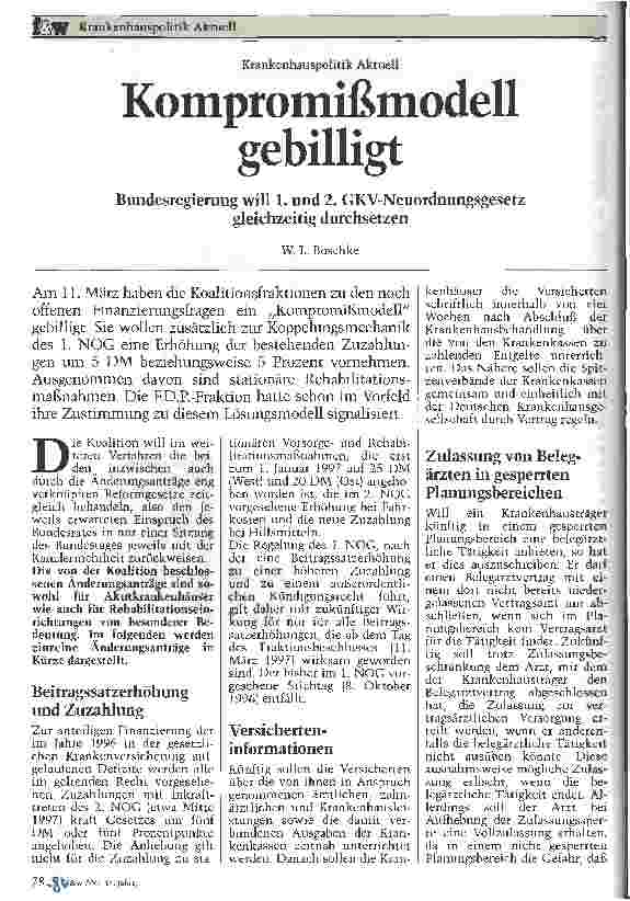Vorschauseite 1: Kompromissmodell gebilligt Bundesregierung will 1. und 2. GKV-Neuordnungsgesetz gleichzeitig durchsetzen