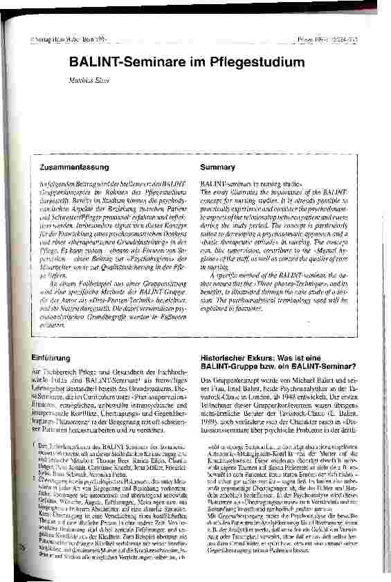 Vorschauseite 1: Balint-Seminare im Pflegestudium