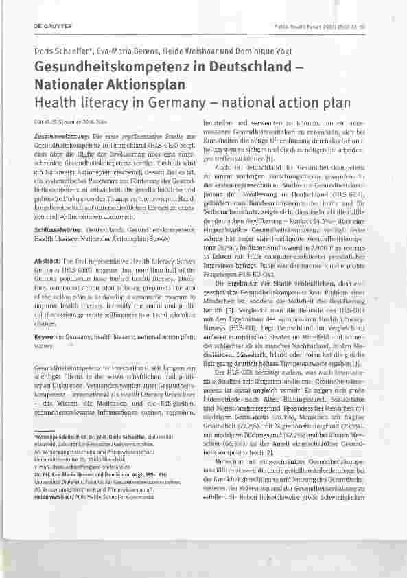 Vorschauseite 1: Gesundheitskompetenz in Deutschland Nationaler AktionsplanHealth literacy in Germany national action plan