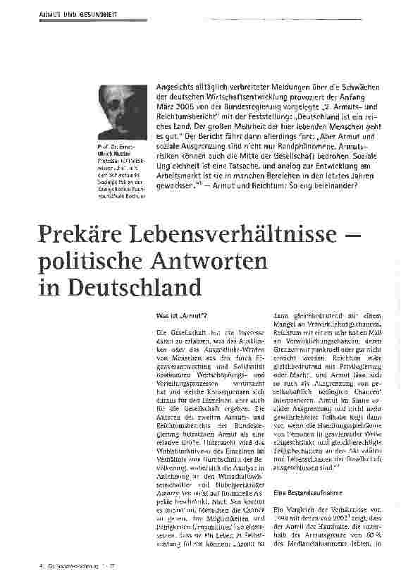 Vorschauseite 1: Prekäre Lebensverhältnisse - politische Antworten in Deutschland