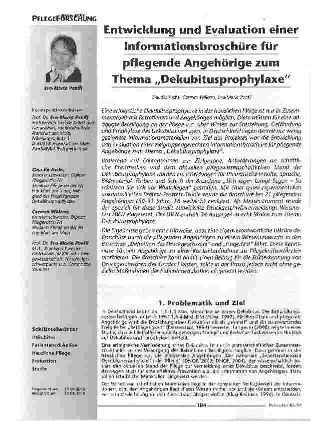 Vorschauseite 1: Entwicklung und Evaluation einer Informationsbroschüre für pflegende Angehörige zum Thema Dekubitusprophylaxe