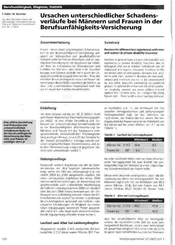 Vorschauseite 1: Ursachen unterschiedlicher Schadensverläufe bei Männern und Frauen in der Berufsunfähigkeits-Versicherung