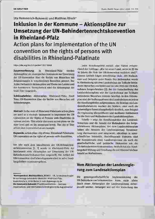 Vorschauseite 1: Inklusion in der Kommune Aktionspläne zur Umsetzung der UN-Behindertenrechtskonvention in Rheinland-Pfalz