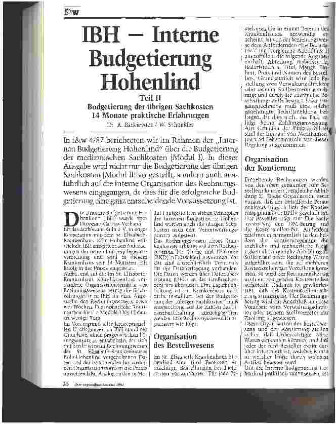 Vorschauseite 1: IBH - Interne Budgetierung Hohenlind Teil II: Budgetierung der übrigen Sachkosten, 14 Monate praktische Erfahrungen