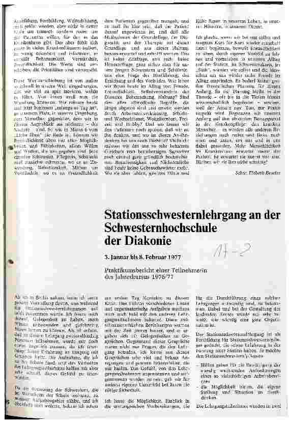 Vorschauseite 1: Stationsschwesternlehrgang an der Schwesternhochschule der Diakonie 3. Jan. - 8. Feb. 1977