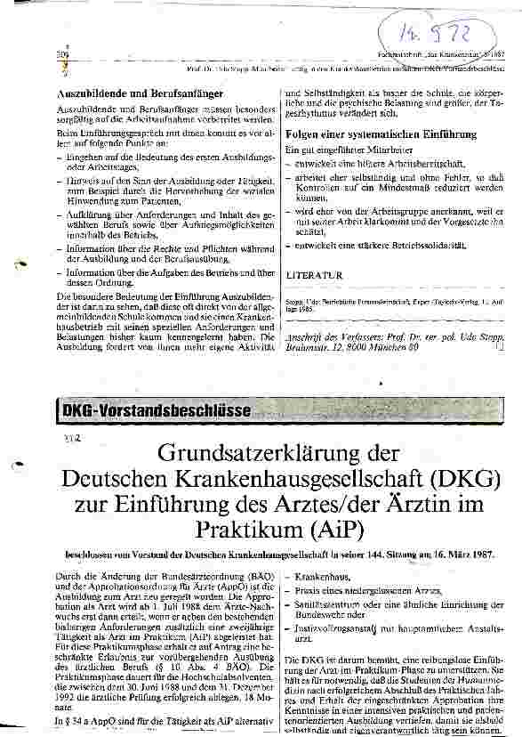 Vorschauseite 1: Grundsatzerklärung der DKG zur Einführung des Arztes im Praktikum AiP