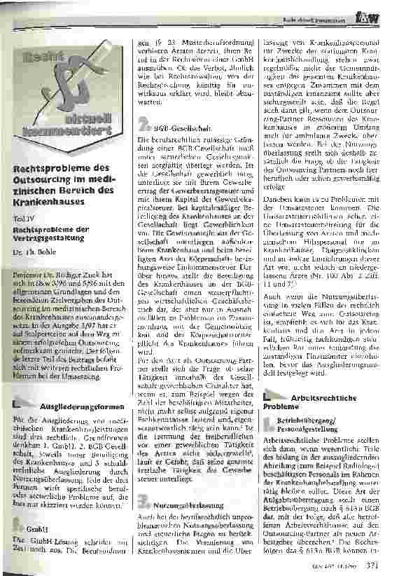 Vorschauseite 1: Rechtsprobleme des Outsourcing im medizinischen Bereich des Krankenhauses Rechtsprobleme der Vertragsgestaltung Teil IV