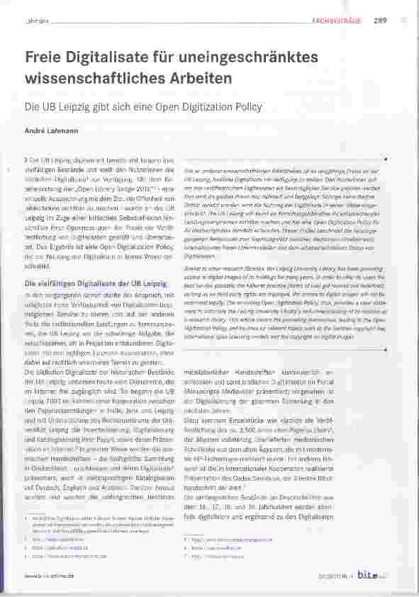 Vorschauseite 1: Freie Digitalisate für uneingeschränktes wissenschaftliches Arbeiten Die UB Leipzig gibt sich eine Open Digitization Policy