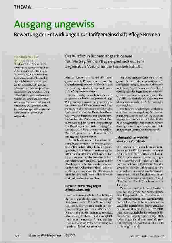 Vorschauseite 1: Ausgang ungewiss Bewertung der Entwicklungen zur Tarifgemeinschaft Pflege Bremen
