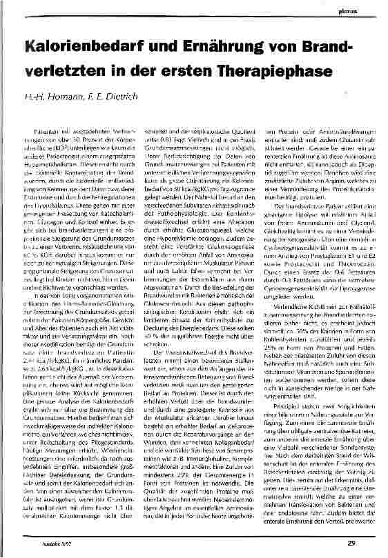 Vorschauseite 1: Kalorienbedarf und Ernährung von Brandverletzten in der ersten Therapiephase